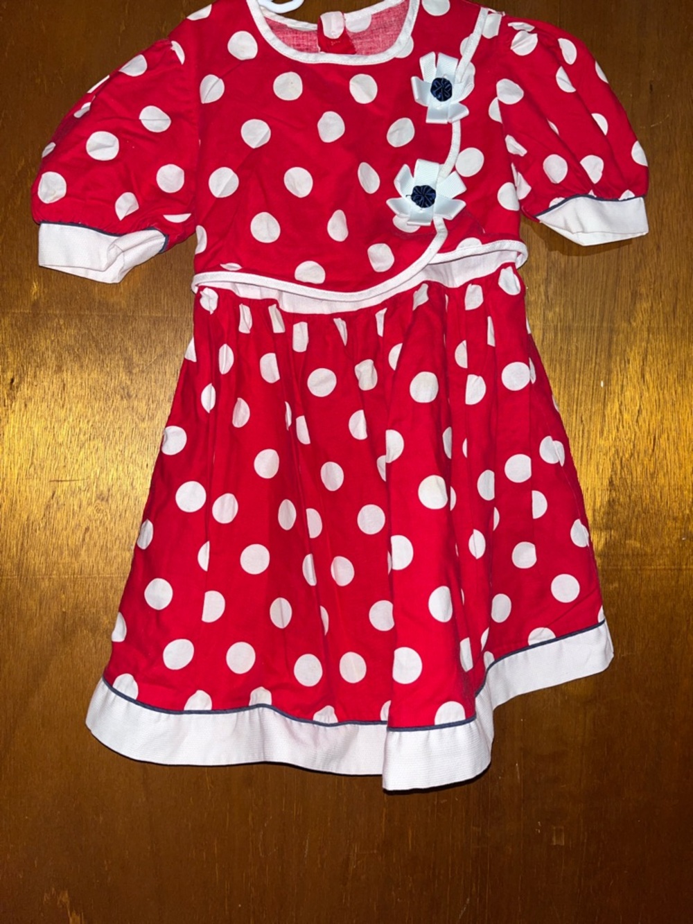 Red Polka Dot Short Sleeve Dress with Flowers and White Trim